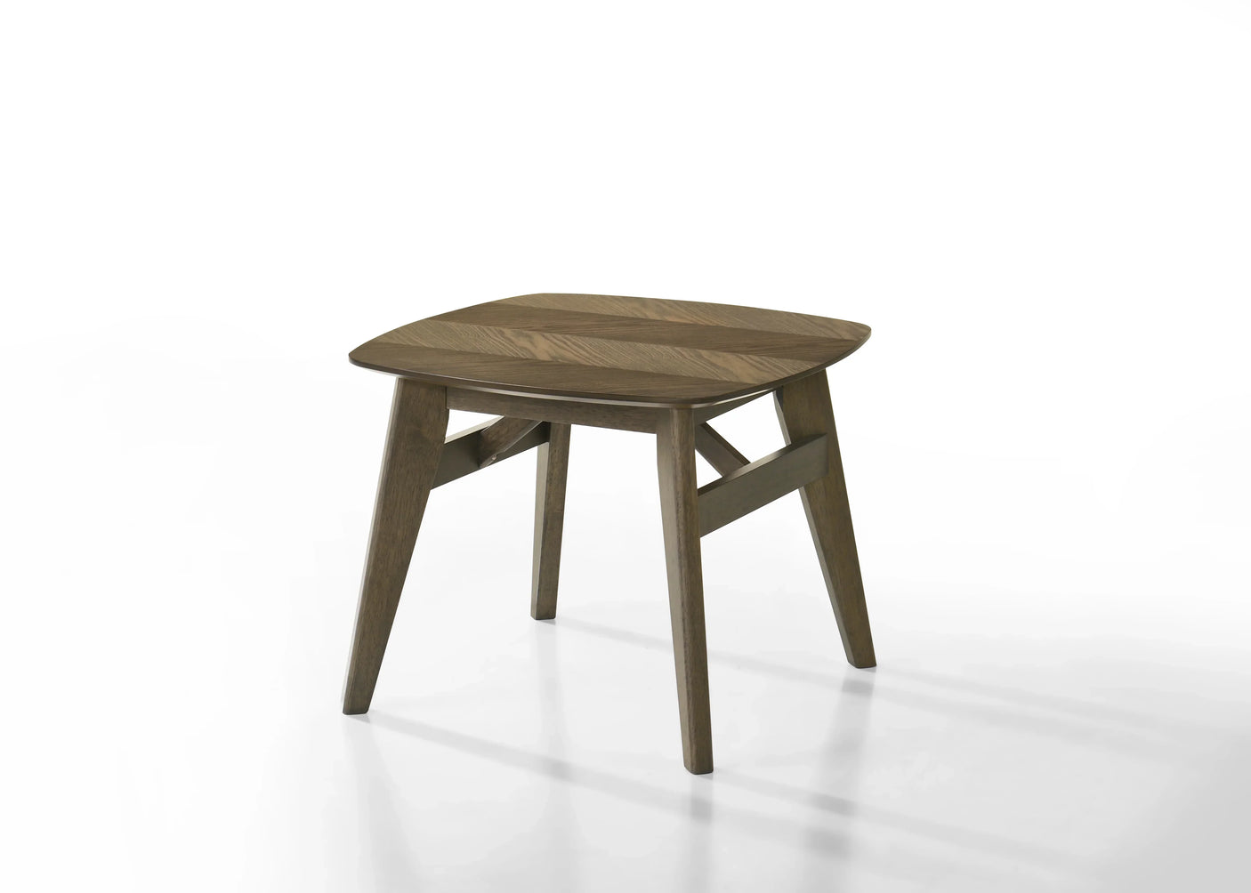 Square wooden stool with angled legs and chevron detail on seat, side angle view