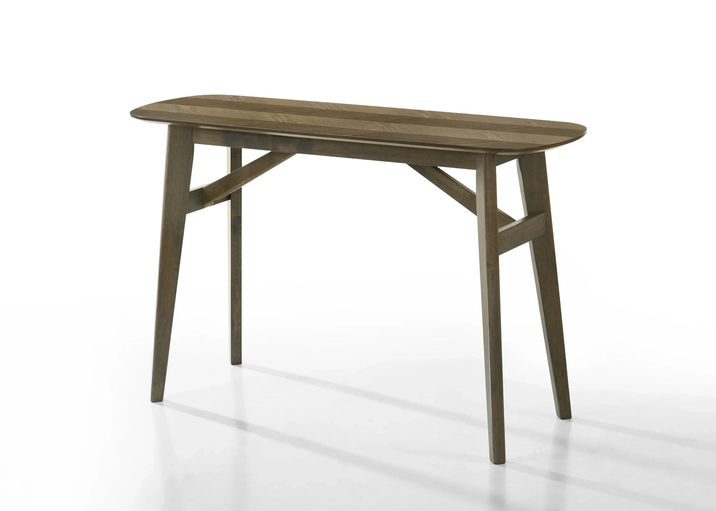 Rectangular wooden dining table with angled legs and rounded corners on white background