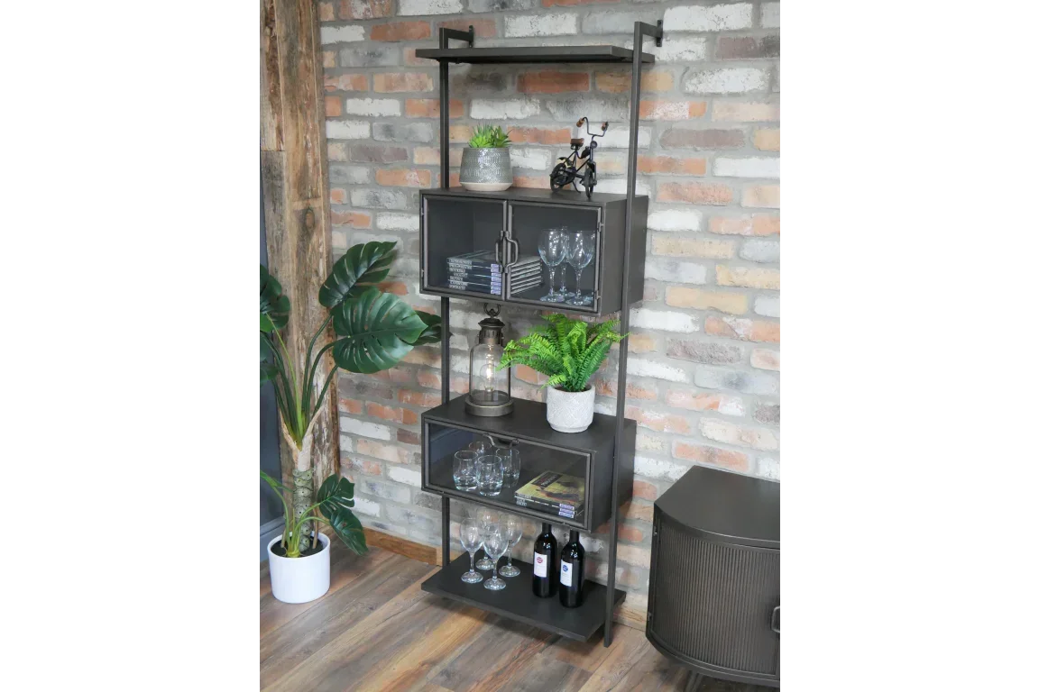 Industrial metal shelving unit with glass doors, wine glasses, bottles and potted plants