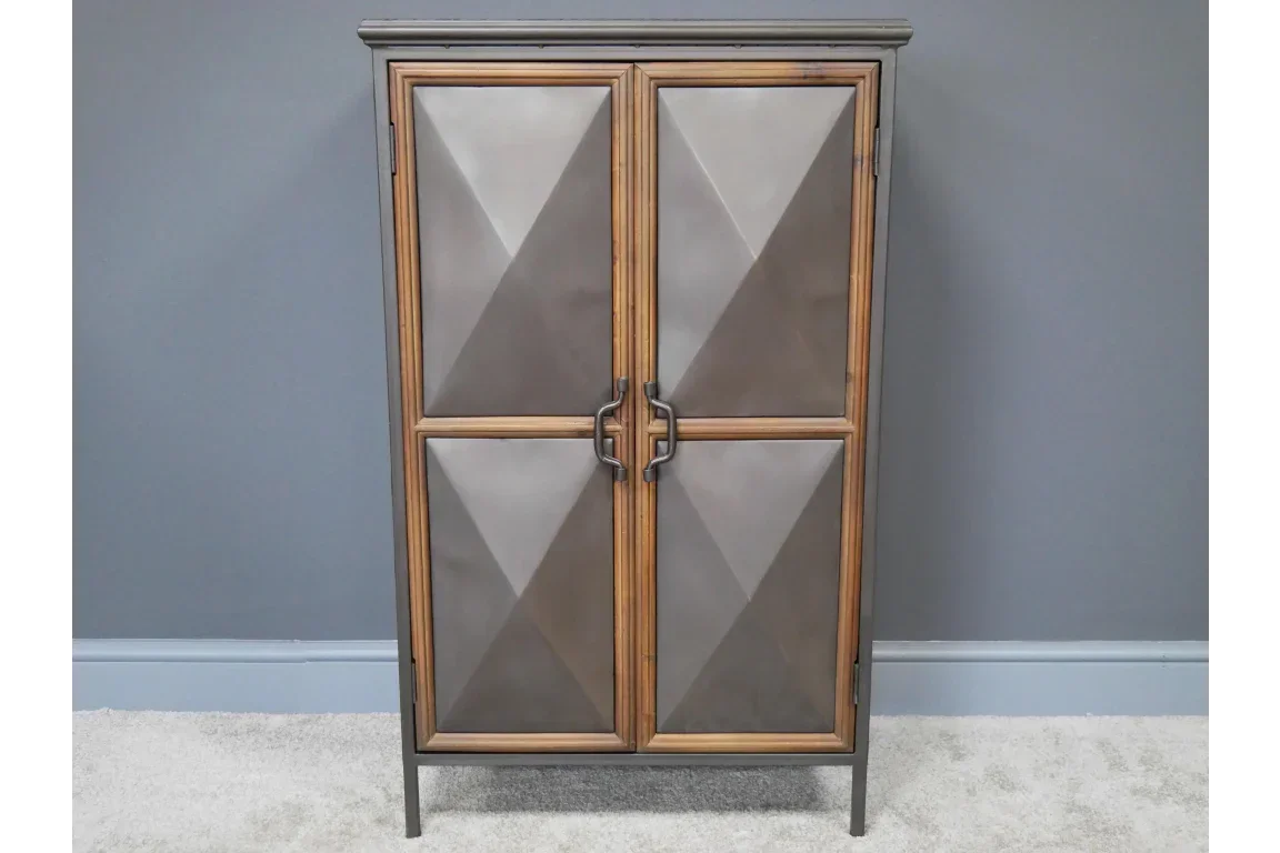 Geometric wood and metal sideboard cabinet with double doors against grey wall