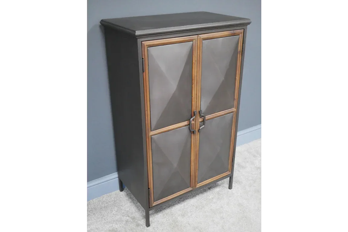 Tall metal storage cabinet with two paneled doors and wooden trim against grey wall