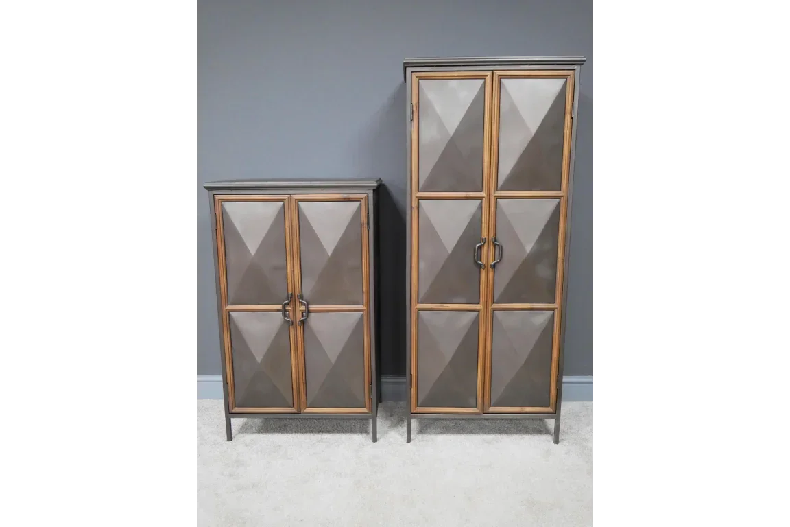 Pair of geometric sideboards with metal handles and two-tone grey panel doors