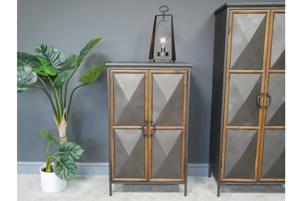 Modern geometric sideboard cabinet with metal frame and wood accents in living room