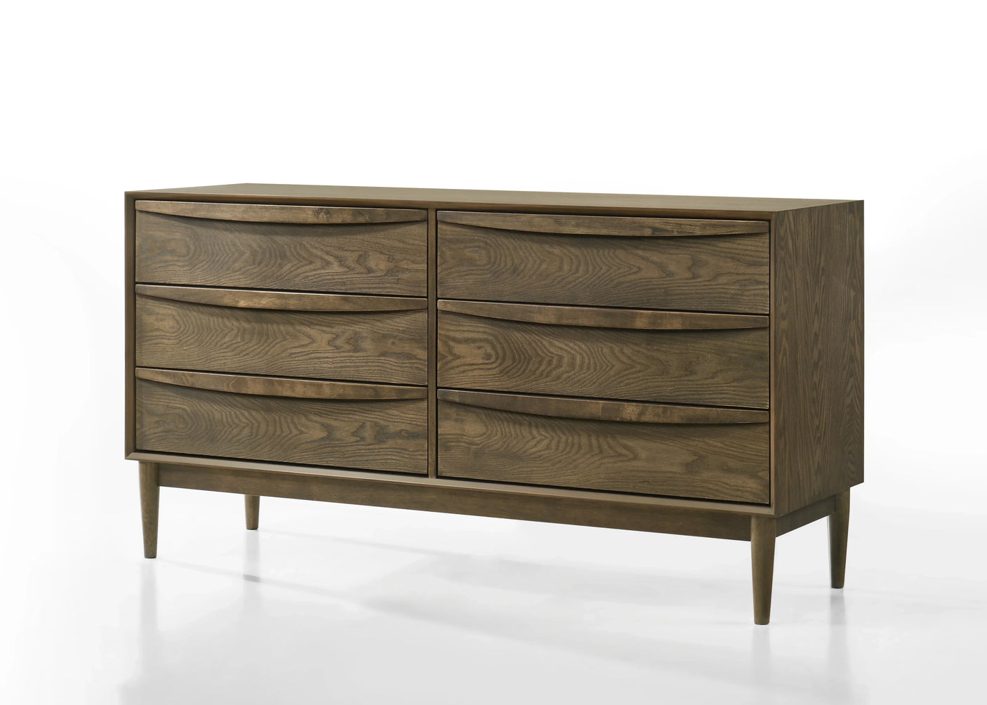 Six drawer wooden dresser with mid-century legs and natural wood grain finish