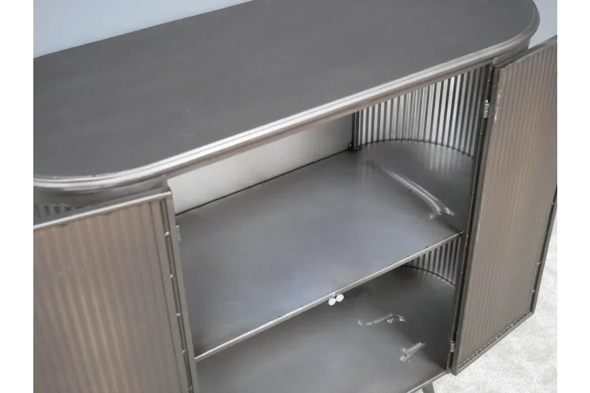 Black metal sideboard cabinet with two open ribbed doors and internal shelves