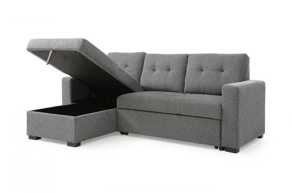 Grey fabric corner sofa with lift-up storage chaise and tufted back cushions