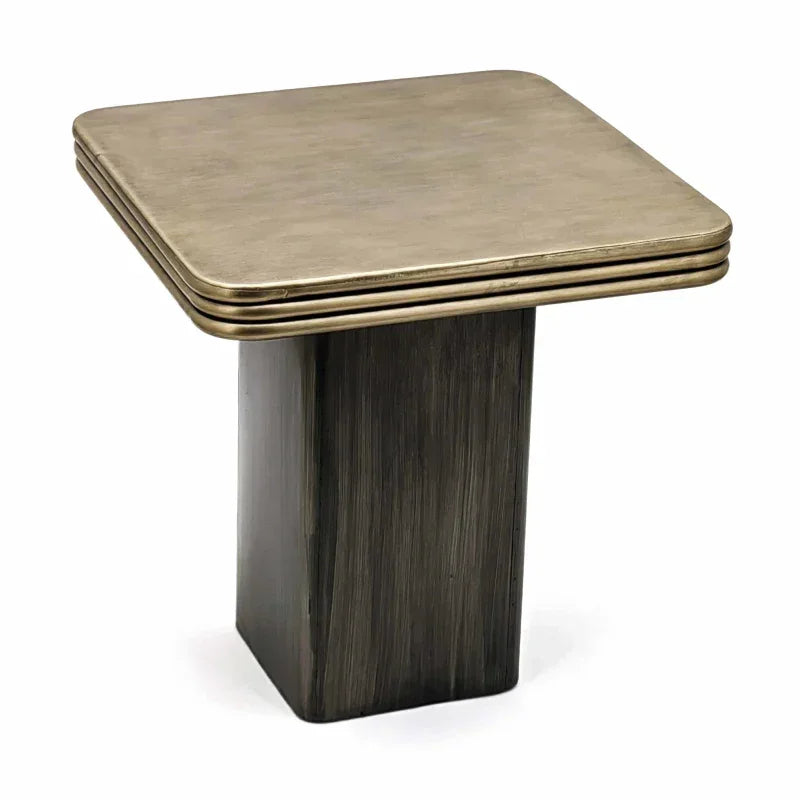 Square brass side table with layered edge and dark wood pedestal base