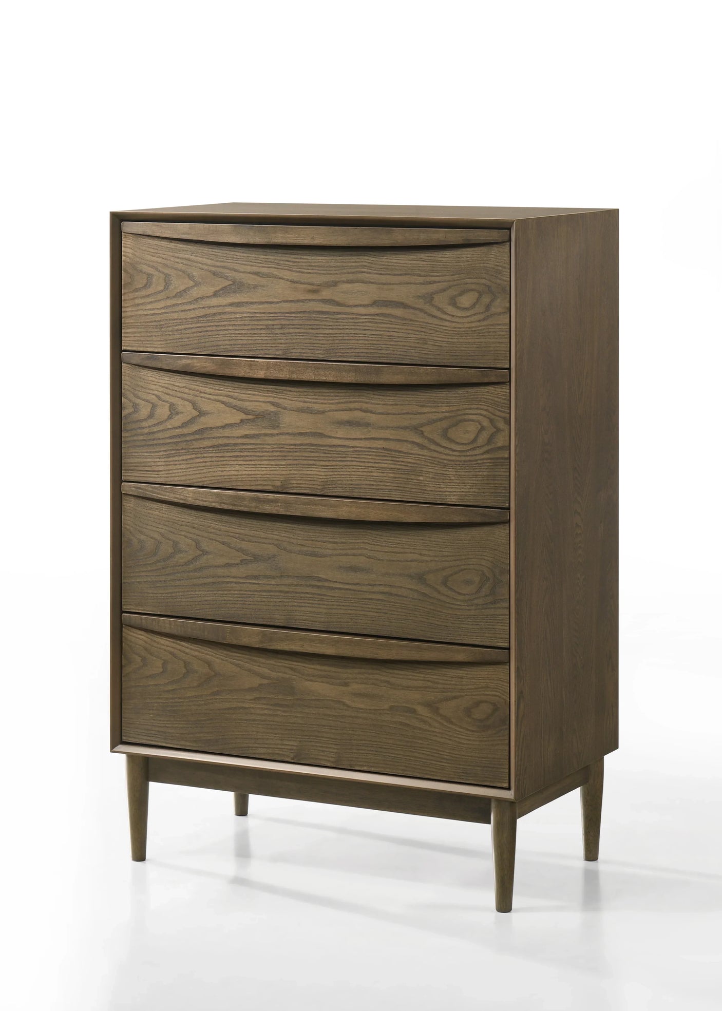 Mid-century style wooden chest of drawers with four drawers and tapered legs