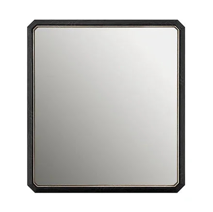 Square wall mirror with beveled edge and black frame, front view