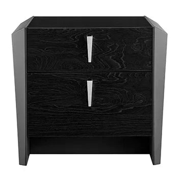 Black bedside table with two drawers and silver handles, modern bedroom furniture