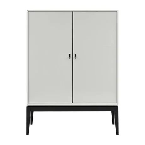 Modern white storage cabinet with double doors and black legs front view