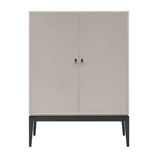Modern two-door wardrobe with matte light finish and black legs, front view