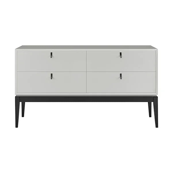 Modern sideboard with four white drawers and black legs, front view