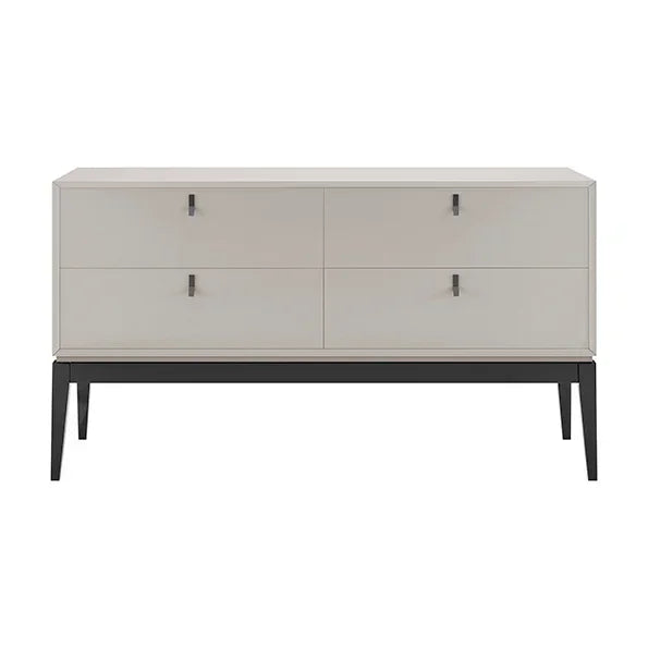 Modern sideboard with four white drawers and black legs, front view