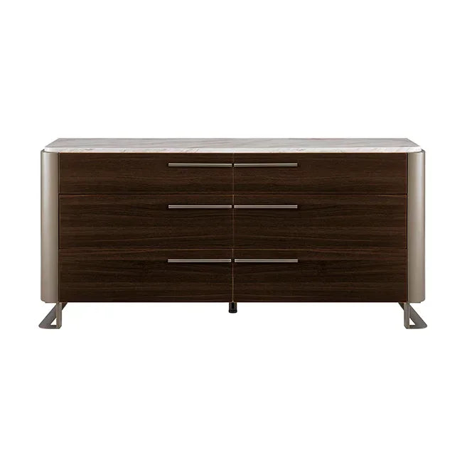 Modern wooden sideboard with six drawers, stainless steel handles and marble effect top