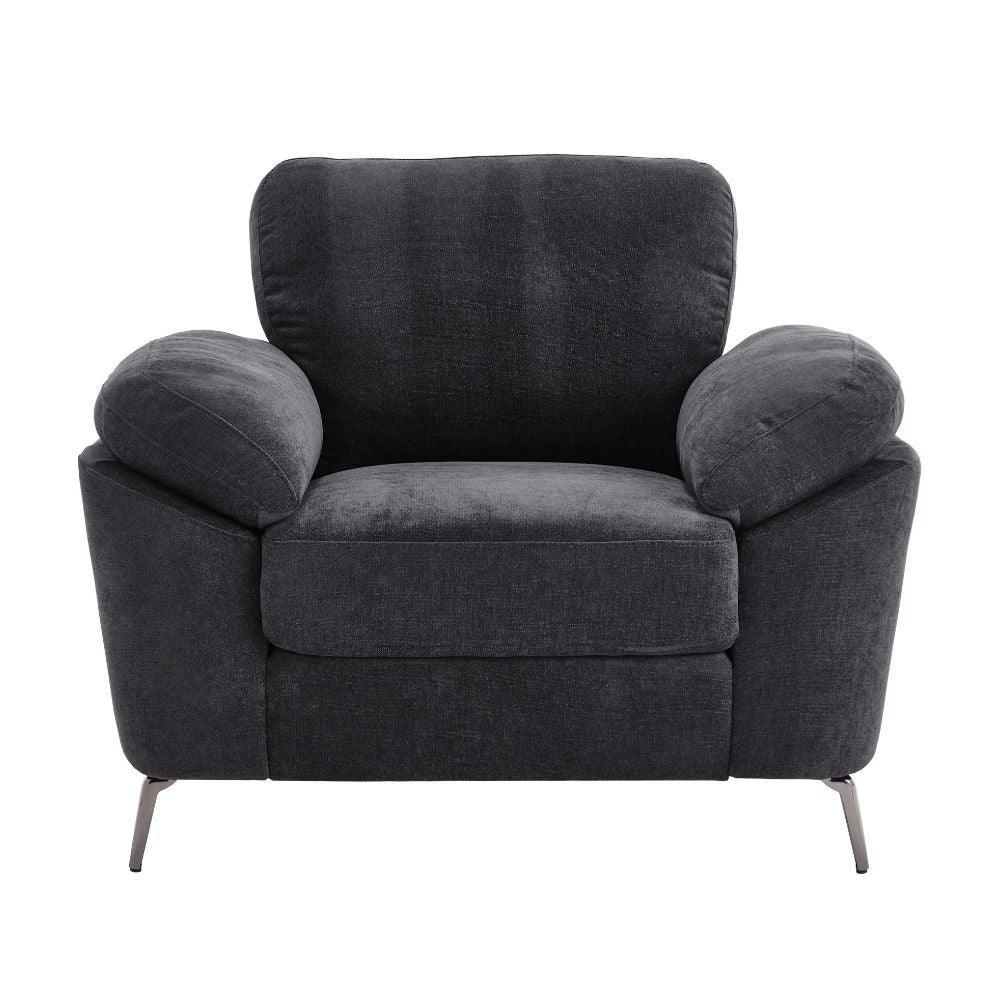 Dark grey fabric armchair with padded arms and metal legs, front view