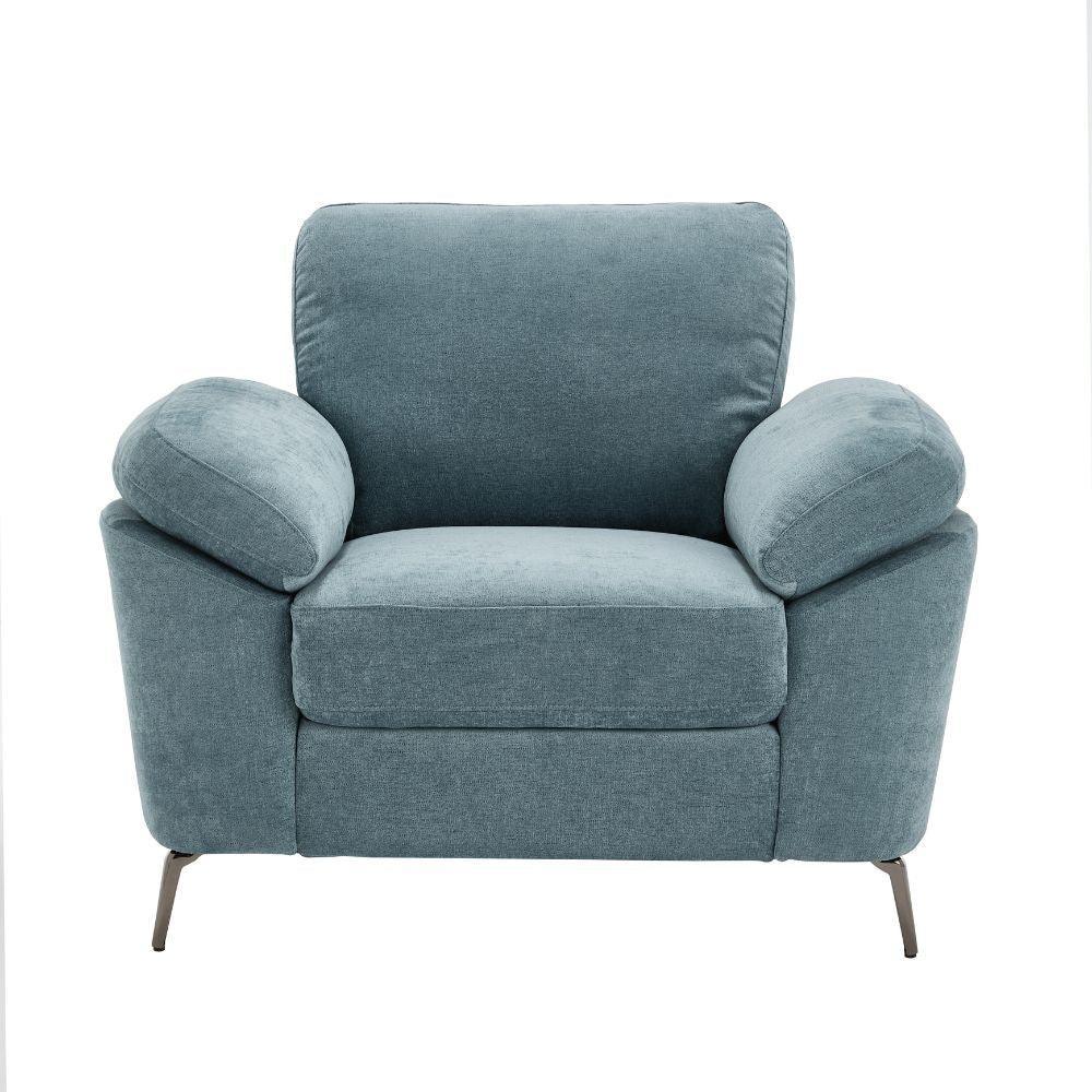 Blue fabric armchair with wide padded arms and metal legs, front view