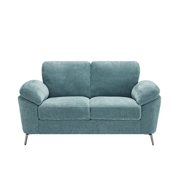 Blue fabric sofa with metal legs and pillow arms, front view on white background