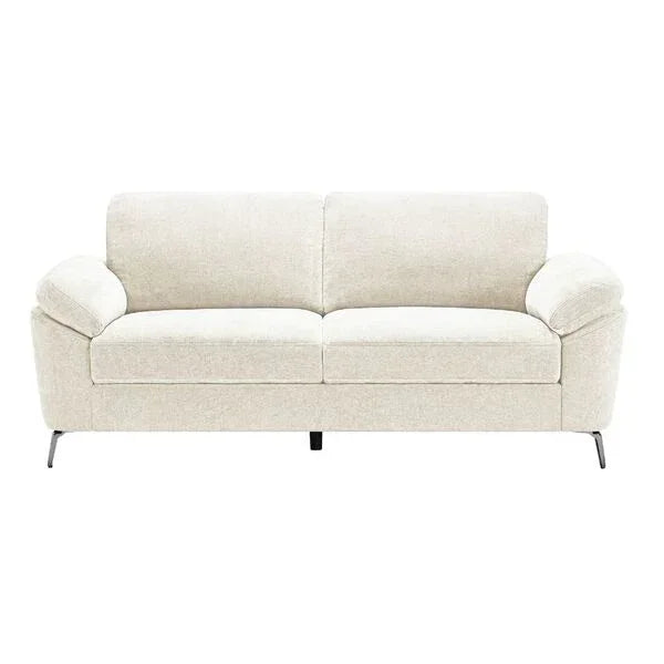 Beige fabric sofa with deep seat cushions and upholstered armrests on slim metal legs