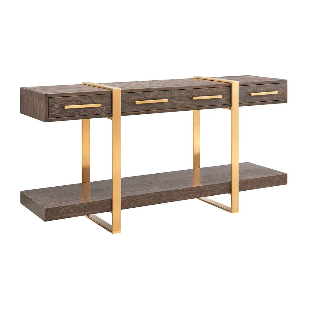 Modern console table with dark wood shelves, gold metal legs and three drawers