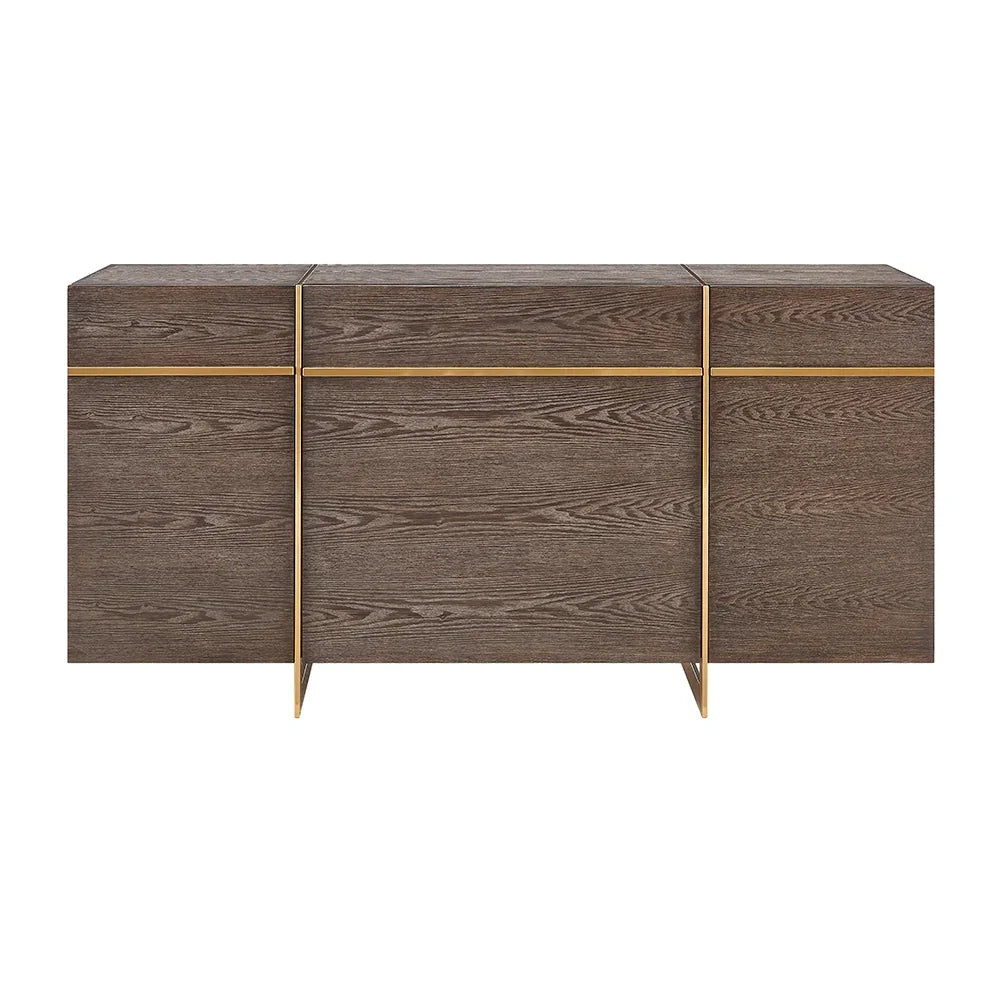 Brown wood sideboard cabinet with gold trim and three-section design, front view