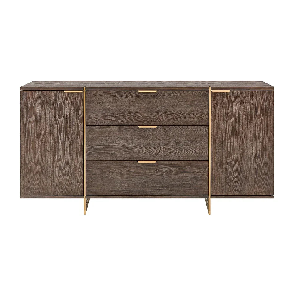Oak sideboard with three drawers, gold handles and two cabinet doors, front view