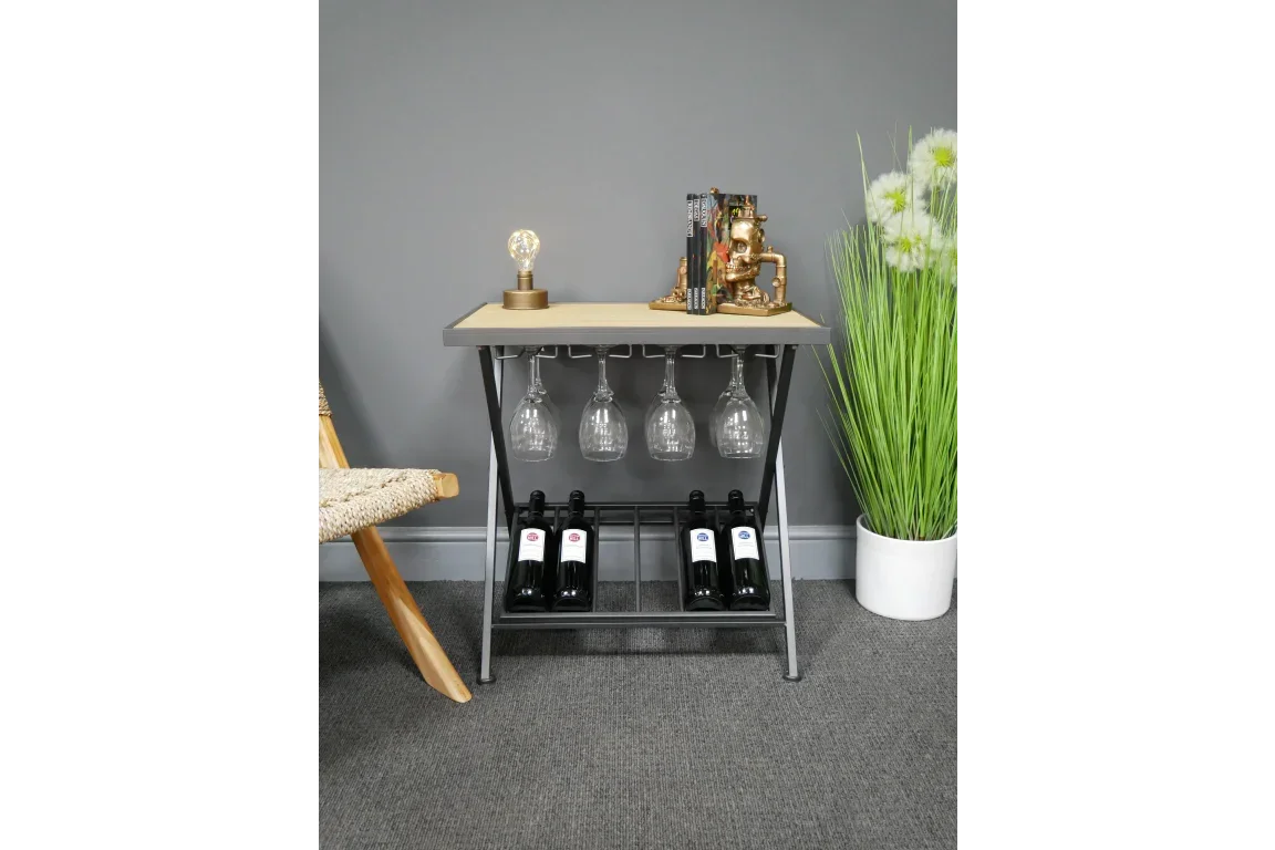 Small industrial wine rack table with glass holders and wine bottles in modern room