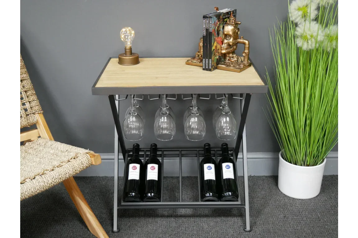 Industrial wine rack table with wooden top, glass holders, and bottle storage