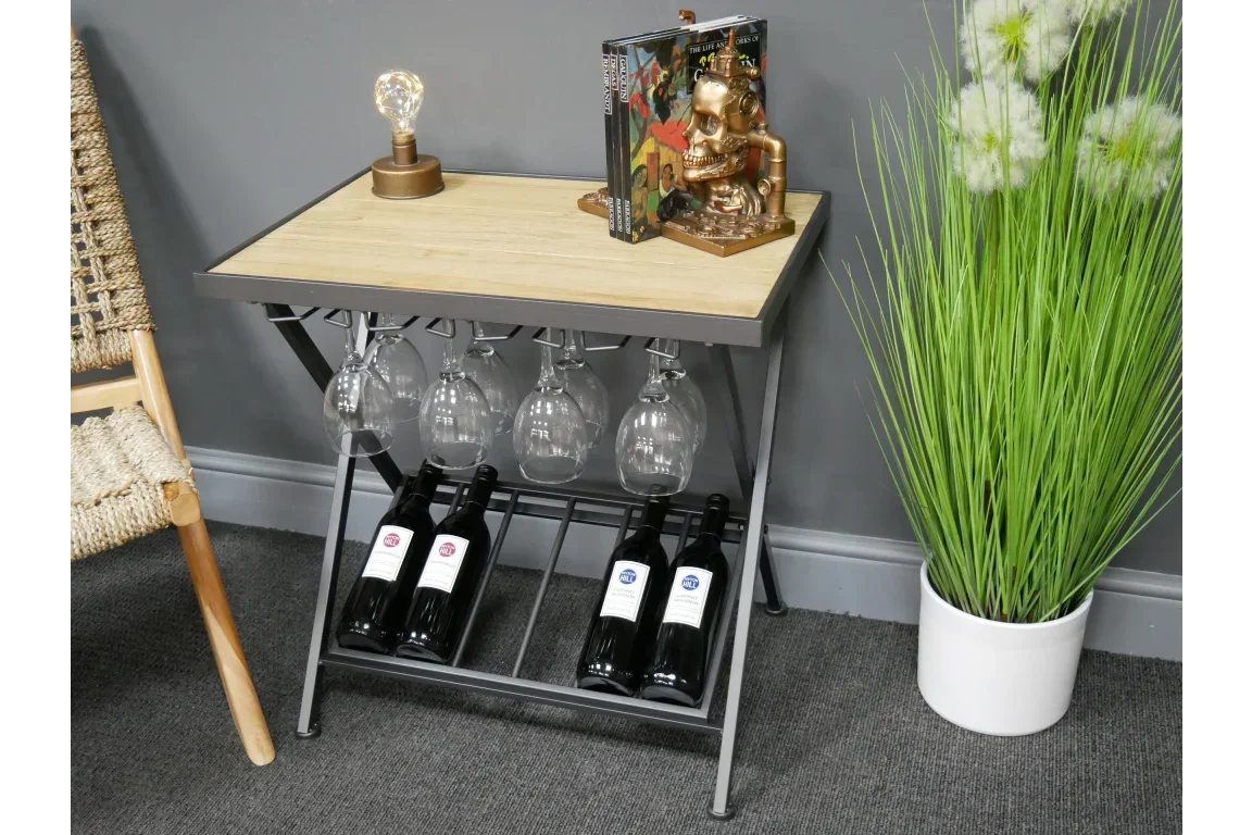 Metal and wood wine rack table with hanging glasses and four wine bottles in living room