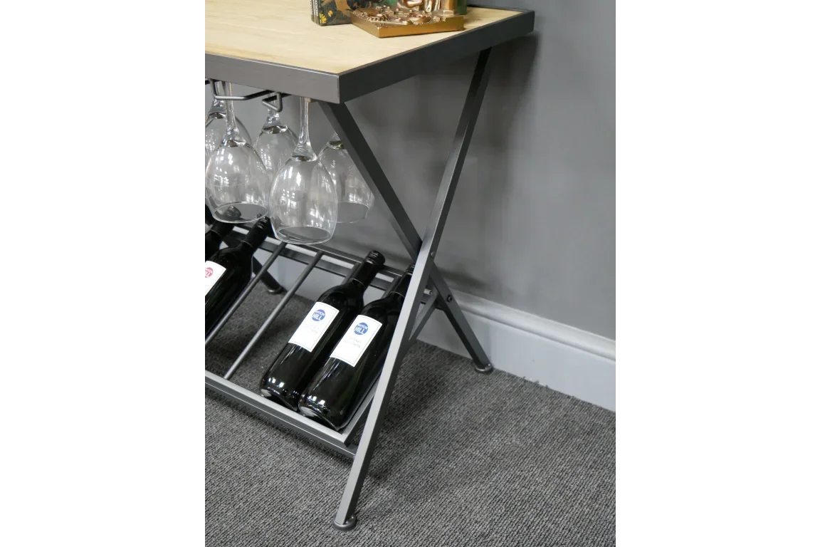 Metal and wood console table with wine rack and hanging glass storage