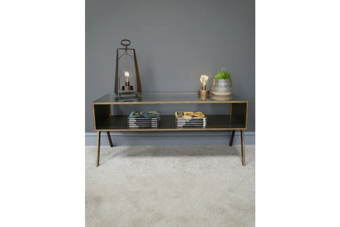 Modern glass coffee table with gold frame, shelf holding books, lamp and plant decor on top