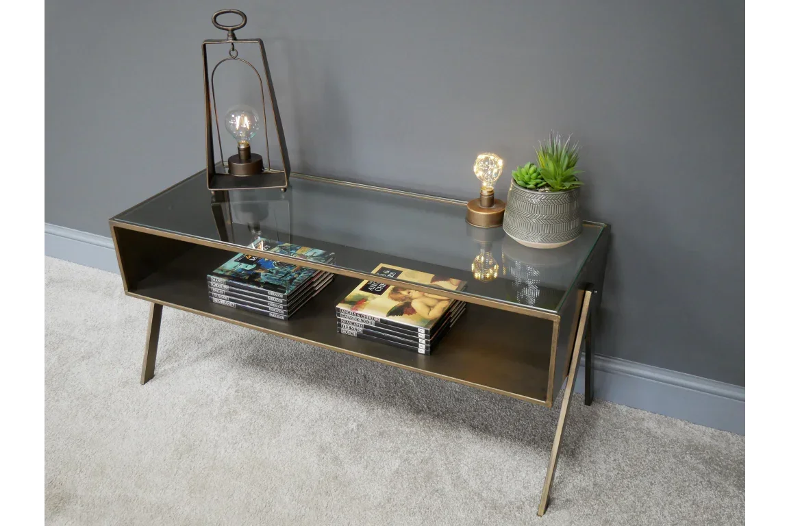 Glass top coffee table with brass frame, magazines, lamp and plant decor