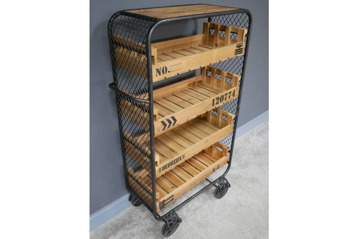 Industrial storage trolley with four wooden shelves and black metal frame on wheels