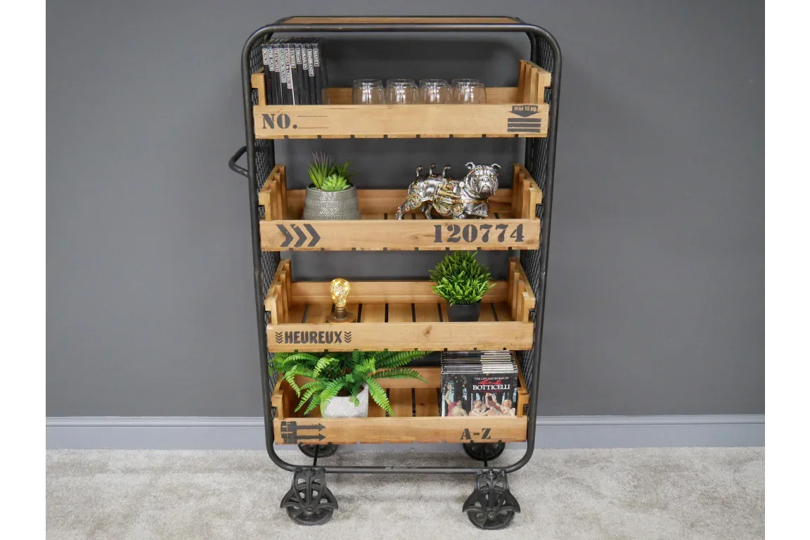 Industrial wooden shelving unit with four shelves, decorative objects, and books