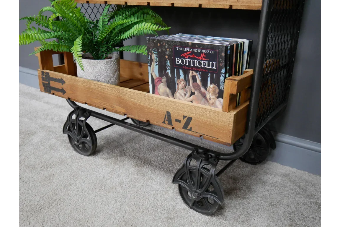 Industrial wood and metal book cart with black wheels, holding books and a potted plant