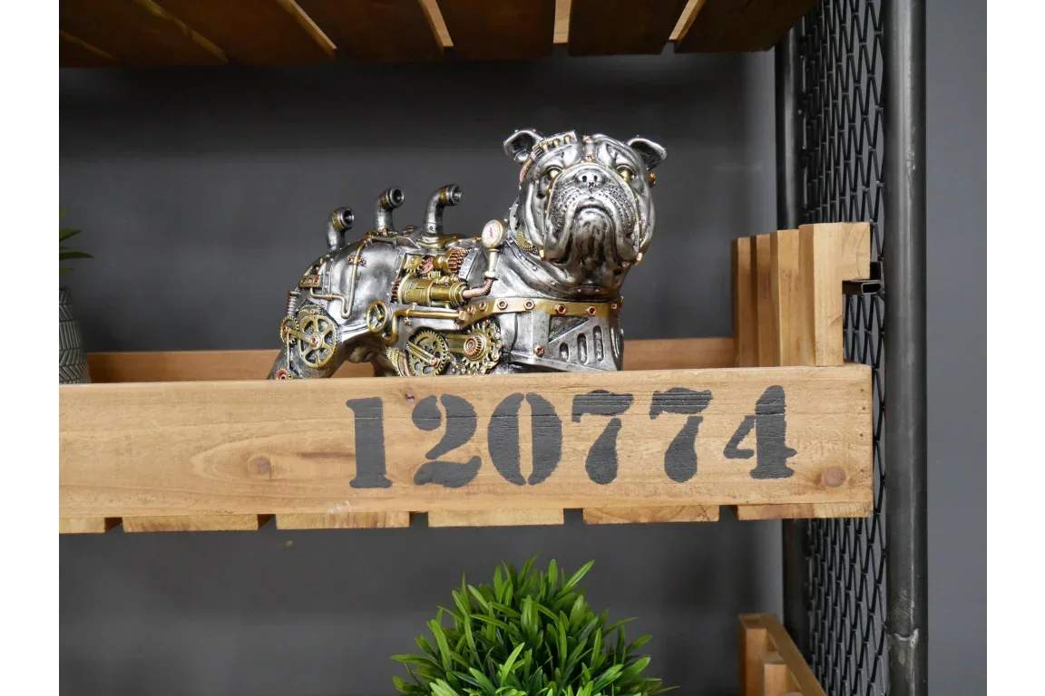 steampunk bulldog ornament with gears on wooden shelf, decorative home accessory