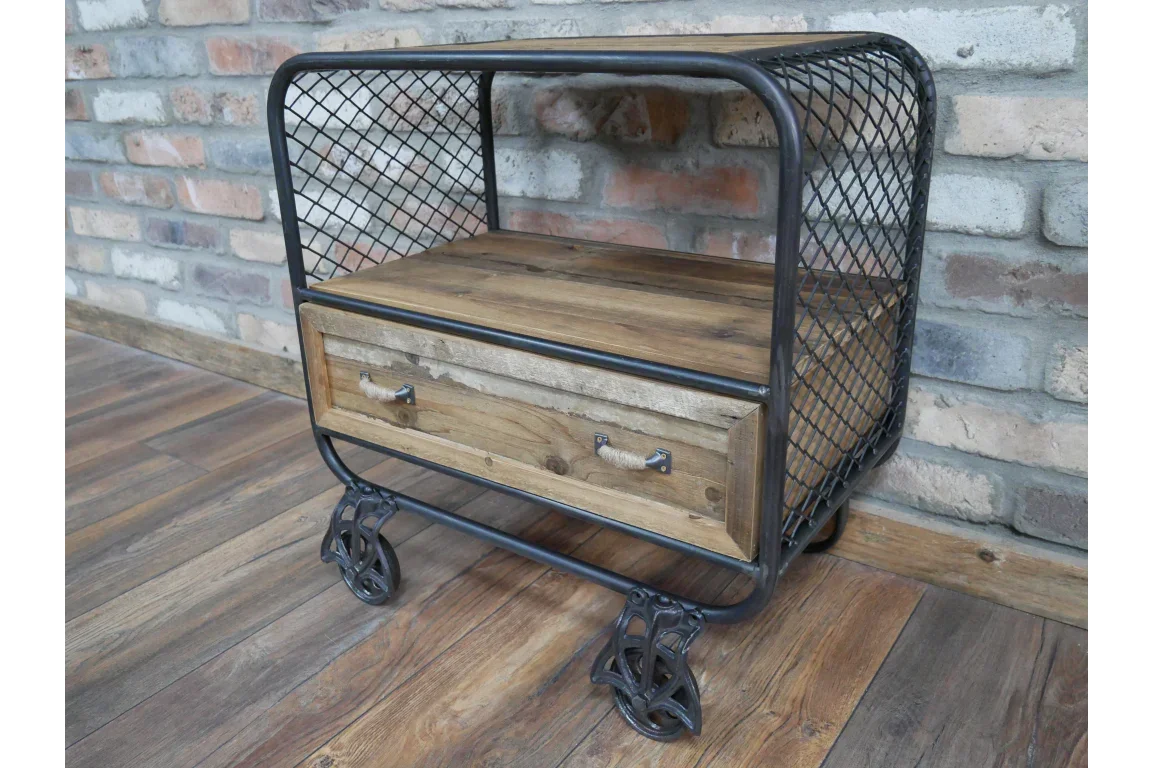 Industrial side table with metal mesh frame, wooden drawer, and caster wheels