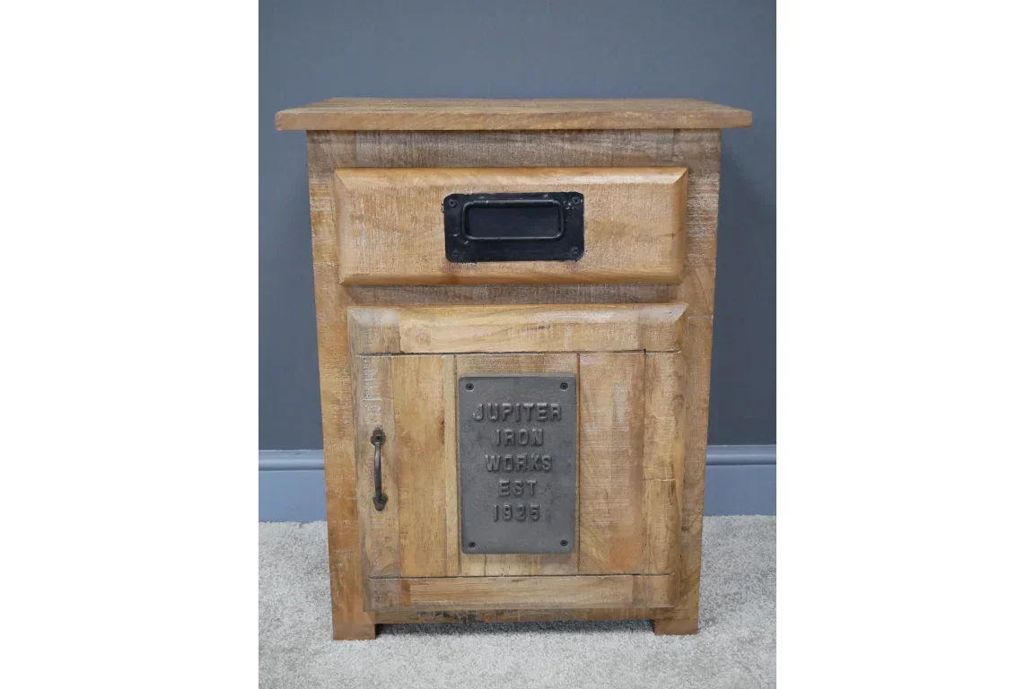 Rustic wood bedside cabinet with metal handle and industrial plaque on front door