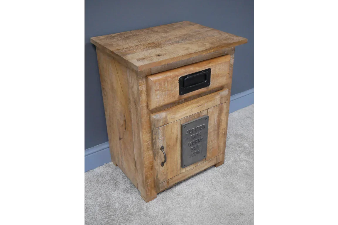 Rustic wooden bedside table with metal handle and industrial detail panel on door