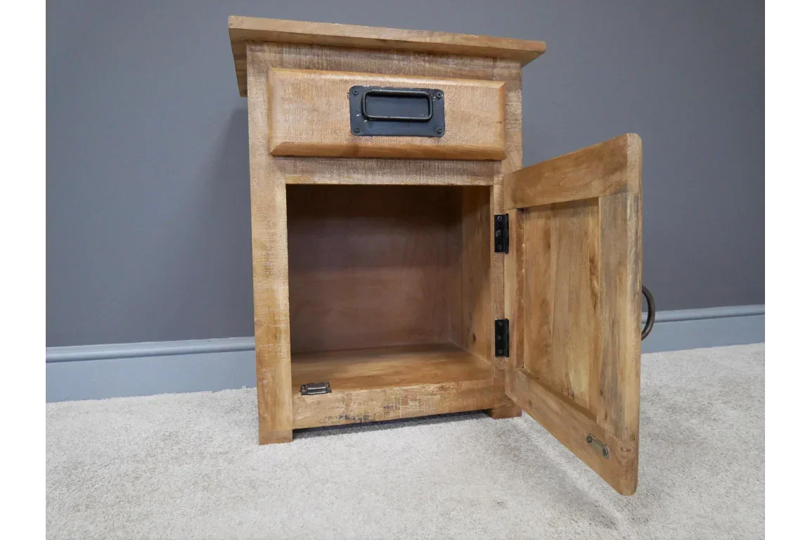 Wooden bedside cabinet with single drawer and open door revealing storage compartment