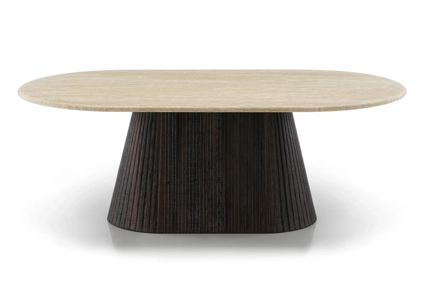 modern dining table with light wood oval top and dark conical base, front view