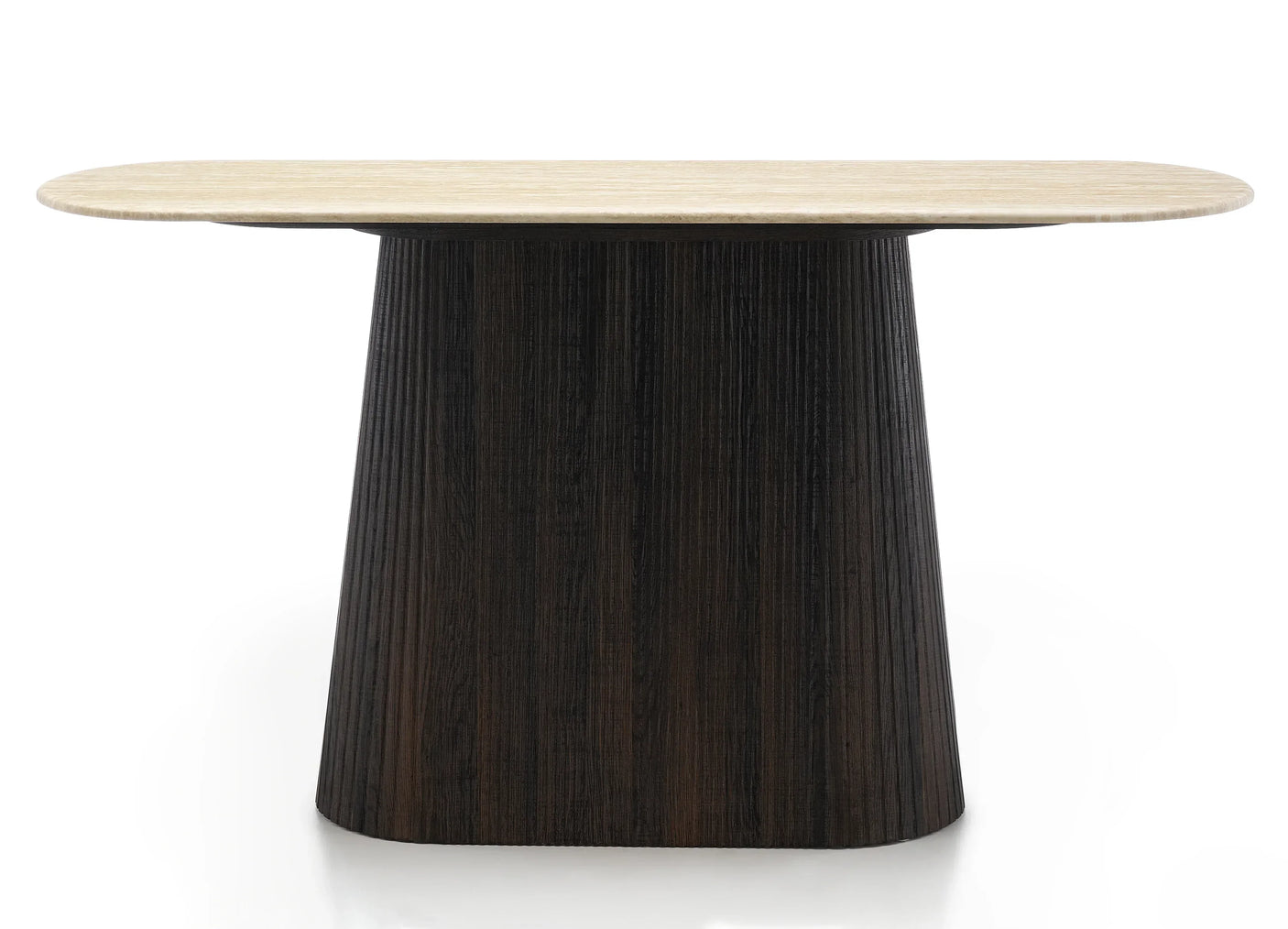 Modern dining table with light oval wood top and dark conical textured base