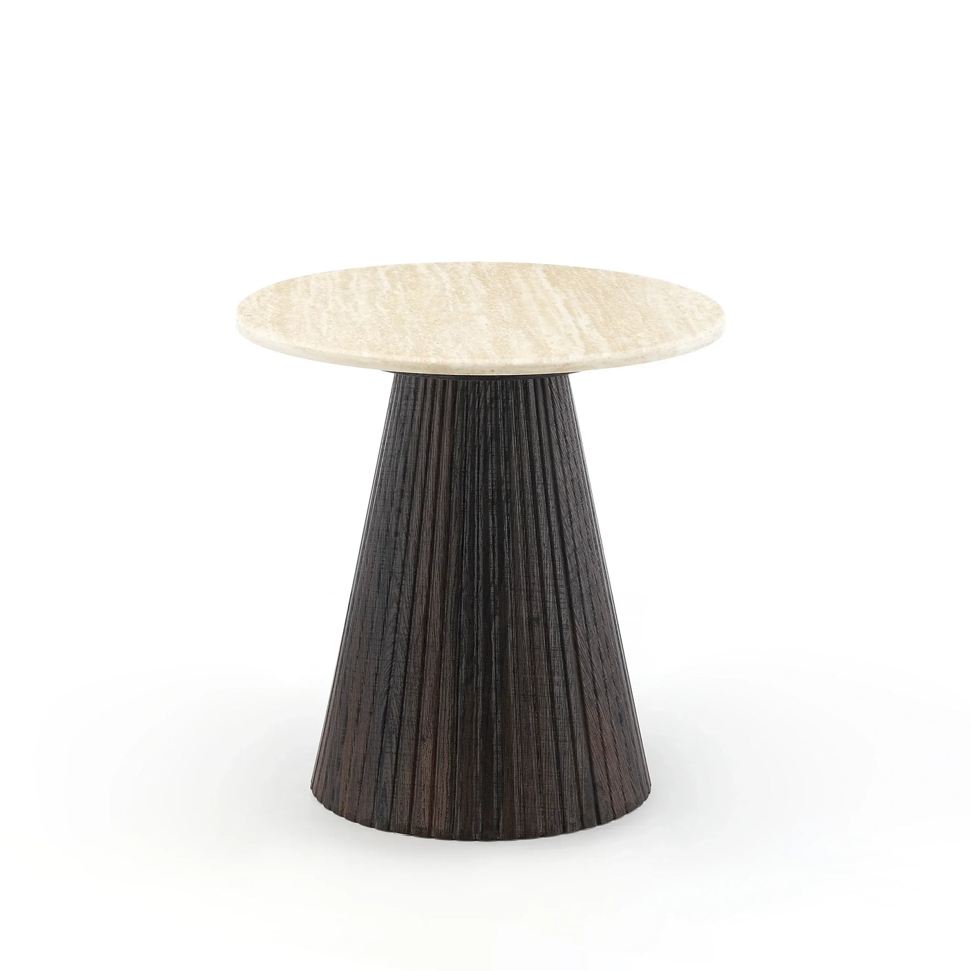 Round side table with beige marble top and dark ribbed conical wood base