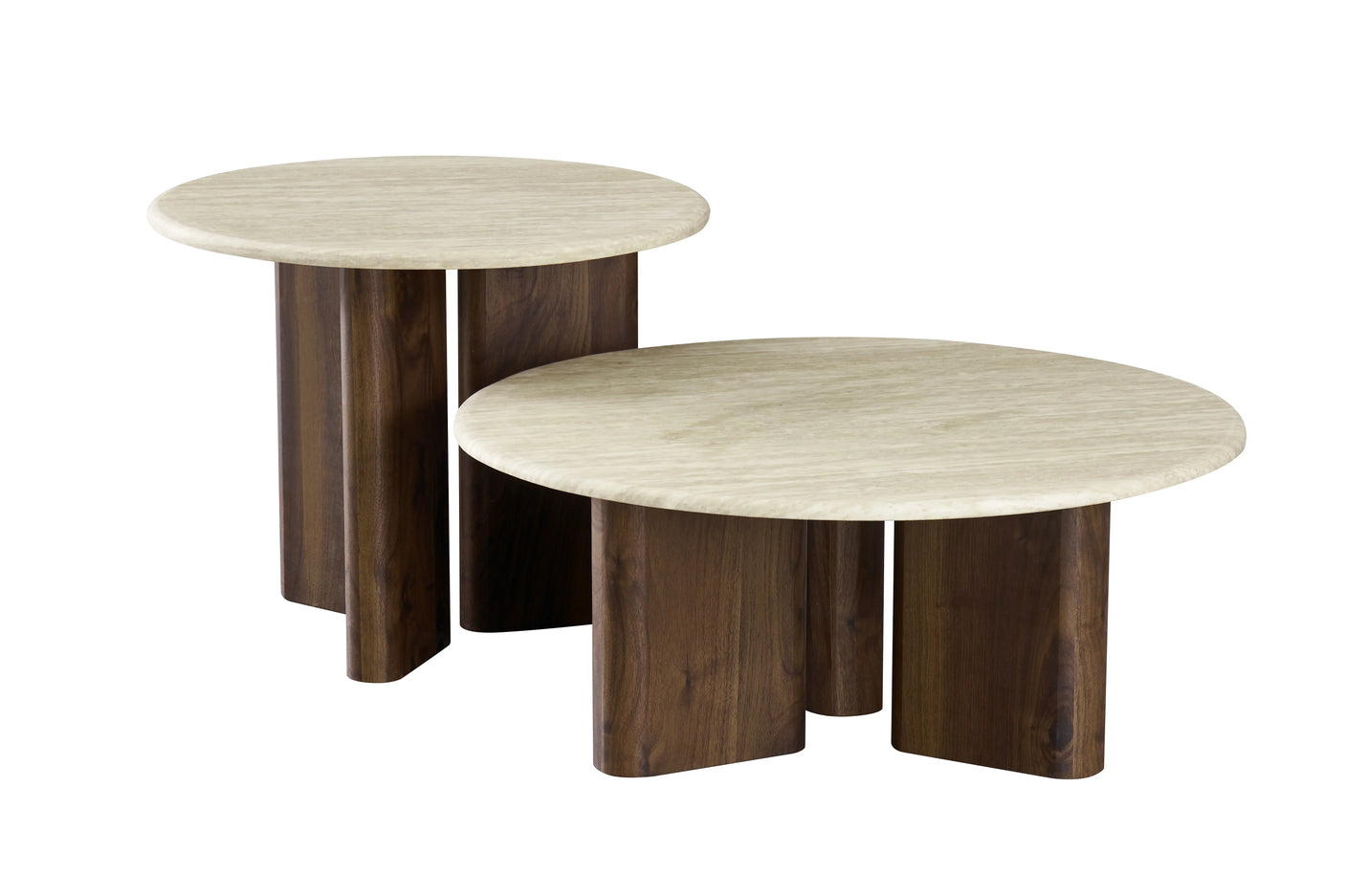 Set of two round coffee tables with cream tops and dark wood bases, side by side
