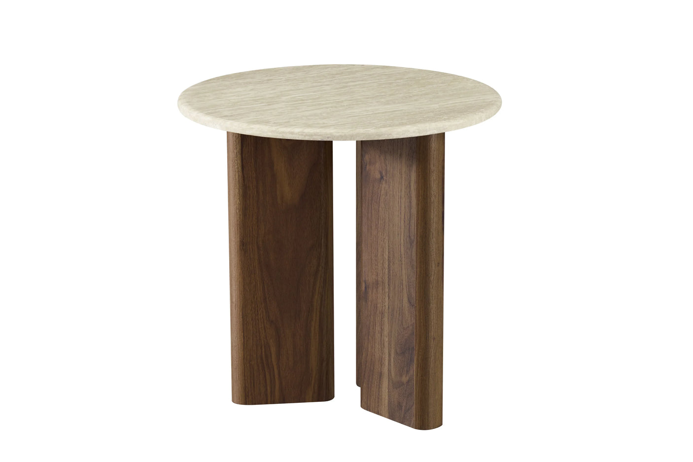 Round side table with light wood top and walnut finish legs
