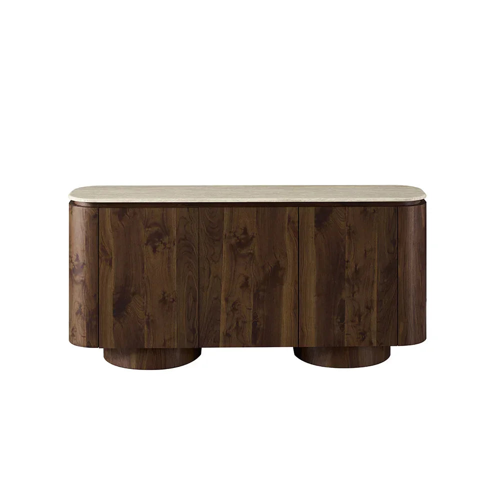 Modern sideboard with dark wood finish and rounded corners, marble top, front view