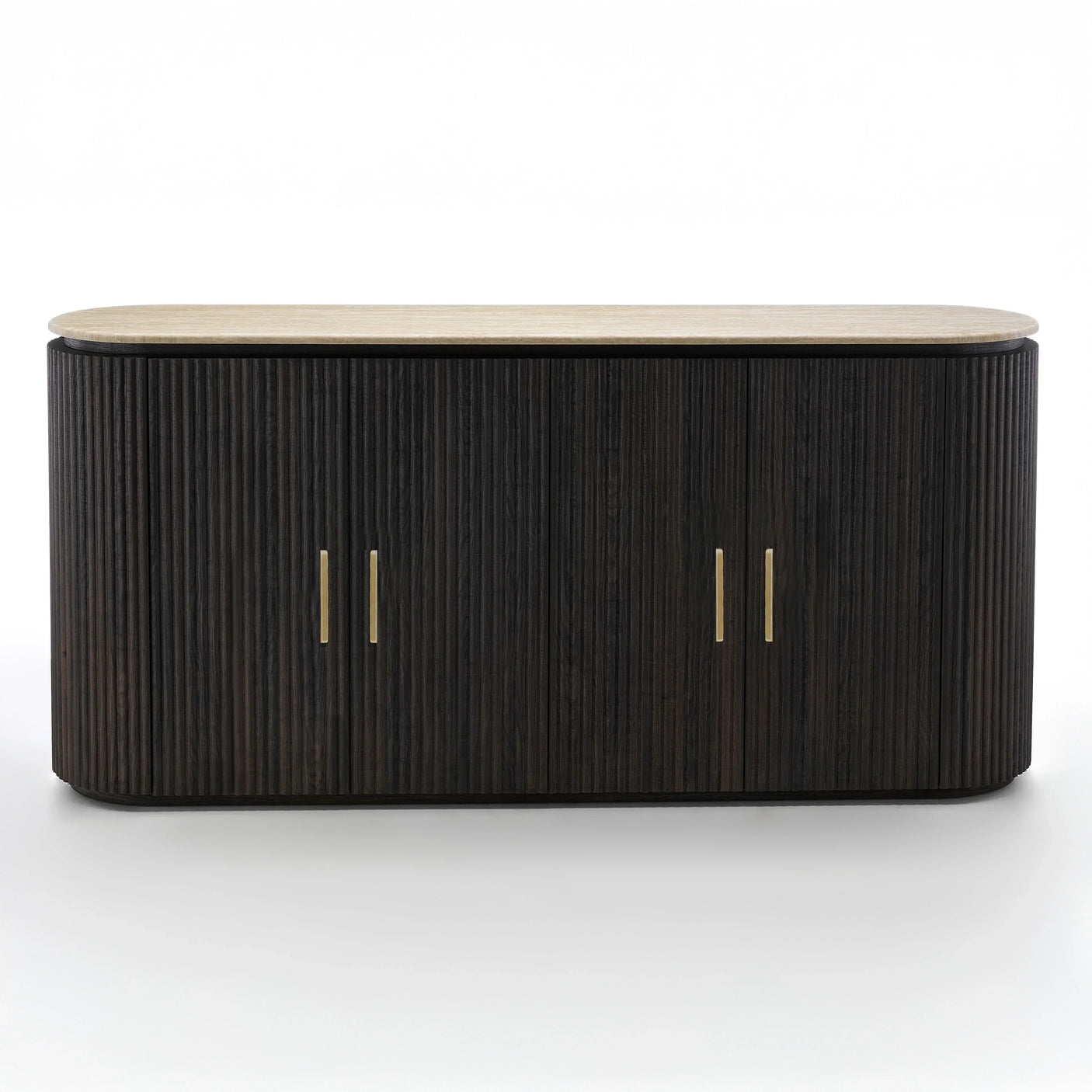 Dark wood sideboard with fluted doors, brass handles and light stone top