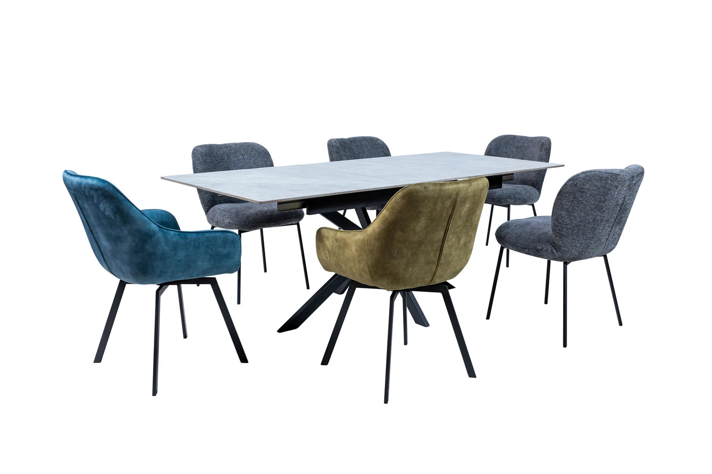 A modern dining set featuring a rectangular light gray stone-look table surrounded by five upholstered chairs in blue, olive green, and gray, with black metal legs, shown on a solid white background.