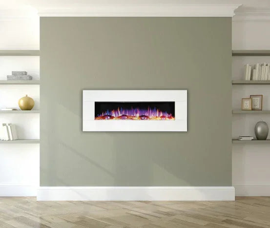 Wall mounted electric fireplace with white frame on living room feature wall
