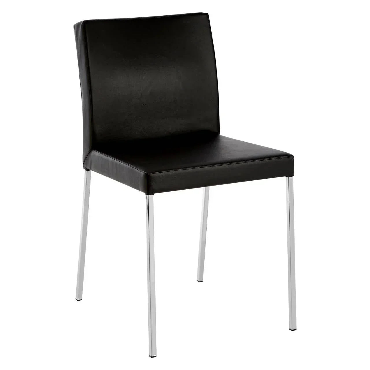 Black faux leather dining chair with chrome legs, front angle view